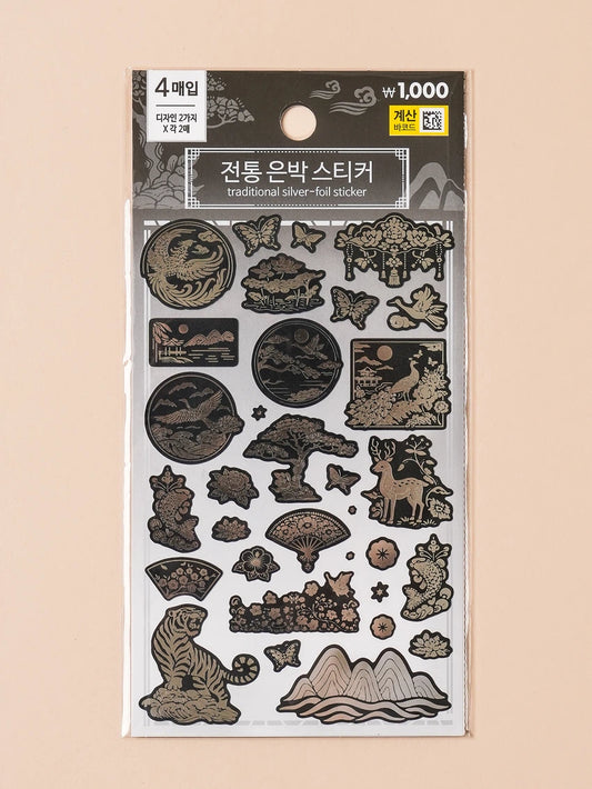 Traditional silver foil korean style 4 set stickers